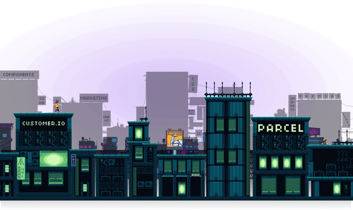 Retro computer game cityscape. A dark night lit up by the buildings and neon signs. The building names are email terms such as; Parcel, Customer.io, HTML, CSS, components.