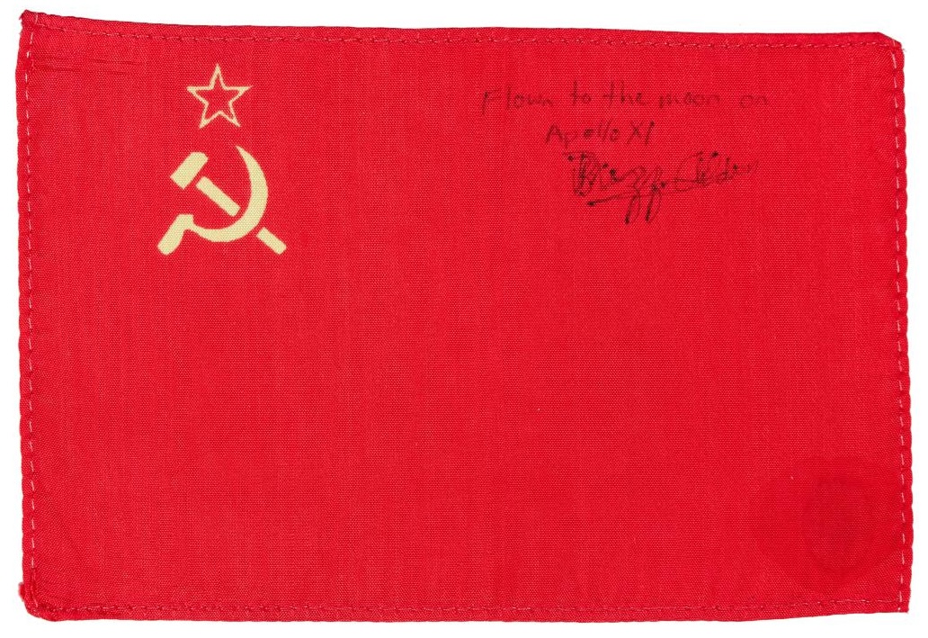 Buzz Aldrin’s U.S.S.R. flag, flown to the moon on Apollo 11 in, as the Sotheby’s catalogue notes, “the spirit of diplomacy.” Photo: Courtesy of Sotheby’s