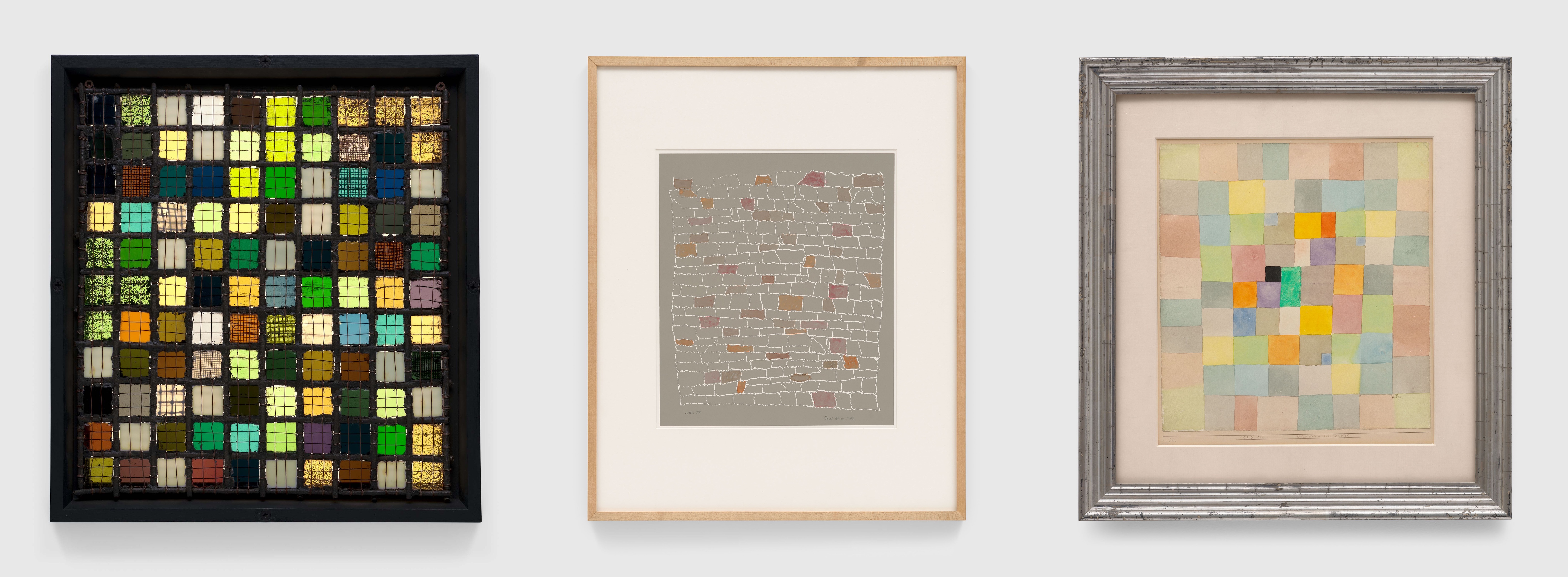 From left to right: Josef Albers, Gitterbild (Grid Mounted) (1921-22); Anni Albers,Wall IV  (1984); Paul Klee, Nördlich-winterlich (Northern-wintry) (1923)