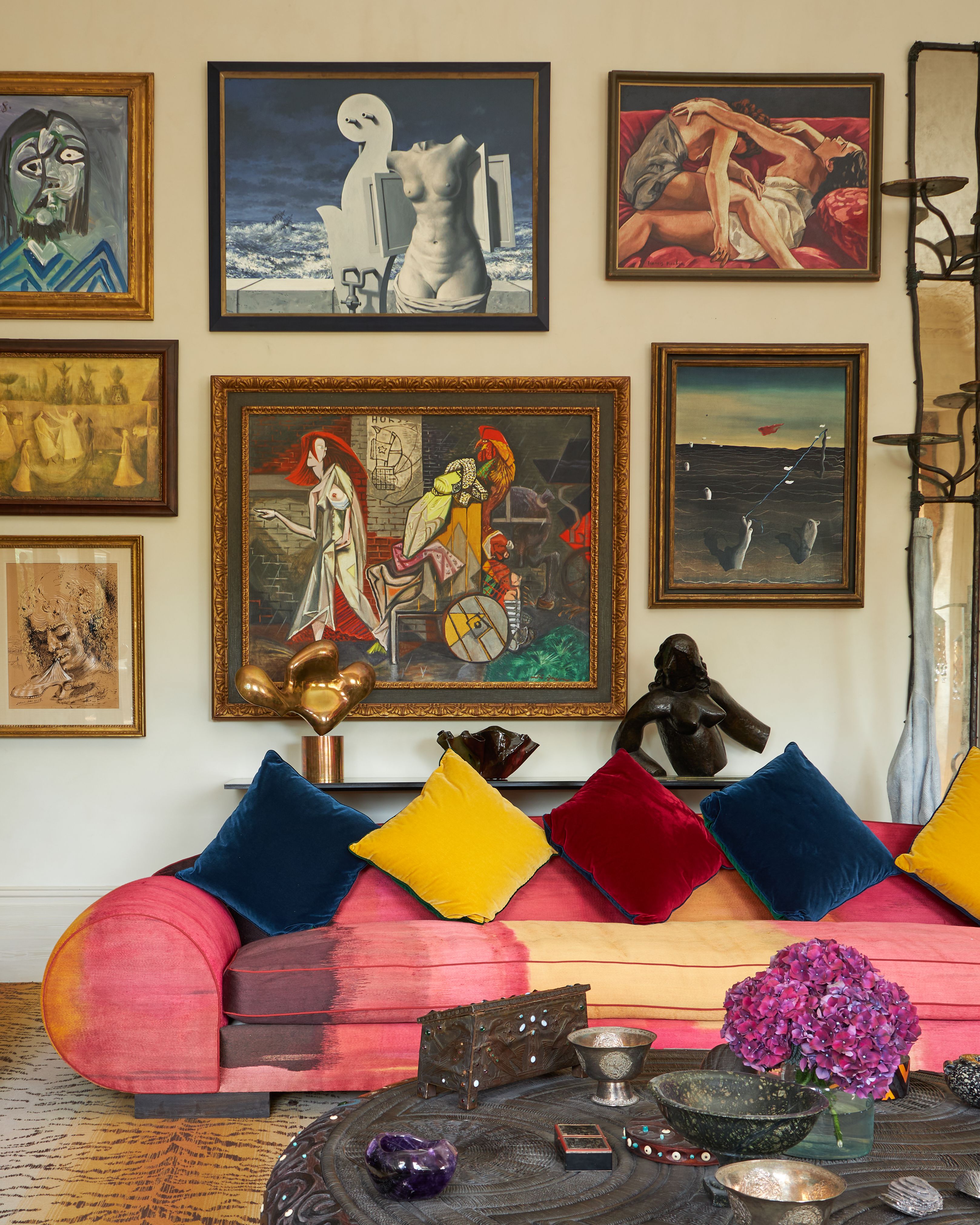 The London Salon of Pauline Karpidas, featuring artworks by Pablo Picasso, Leonora Carrington, René Magritte, Francis Picabia, Yves Tanguy and André Masson. Photo: Barney Hindle/Courtesy of Sotheby’s