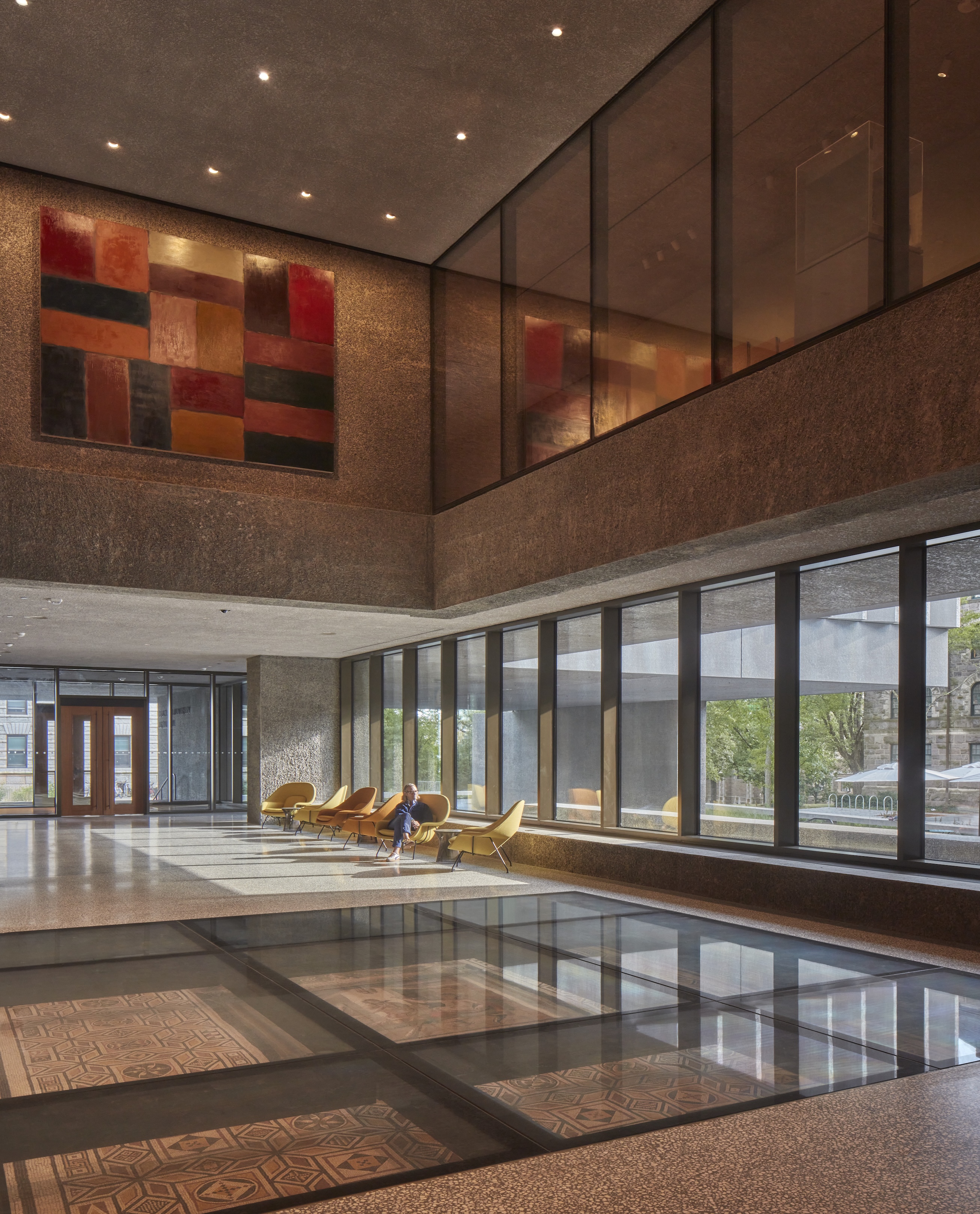 A passageway connects the campus through the museum, with a Sean Scully painting above and a Roman mosaic embedded in the floor below. Photo: Richard Barnes/Courtesy of the Princeton University Art Museum