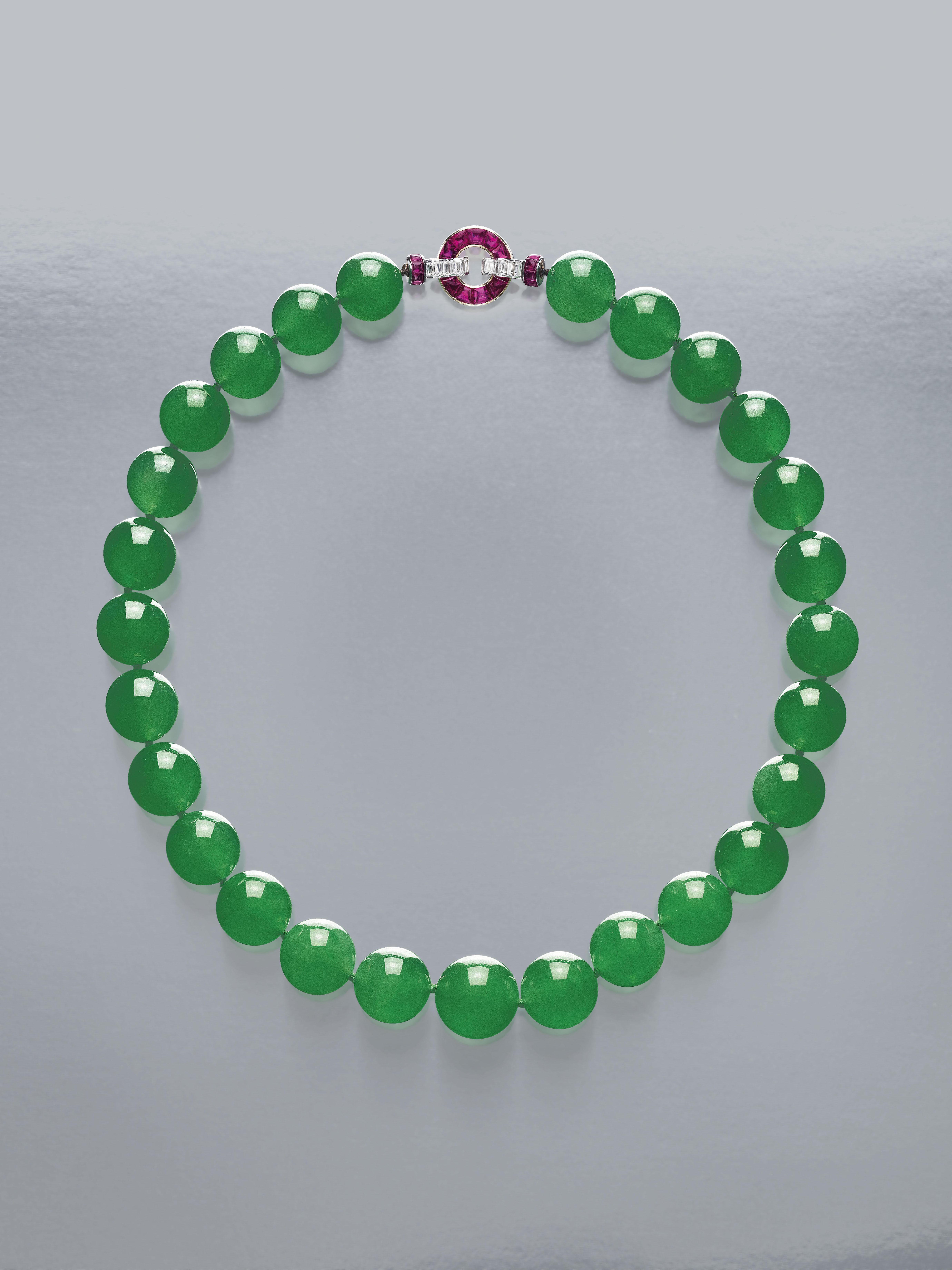 The Hutton-Mdivani jadeite necklace, the most expensive piece of Cartier jewelry ever sold at auction at Sotheby’s in 2014, for $27.4 million. Photo: Courtesy of Sotheby’s