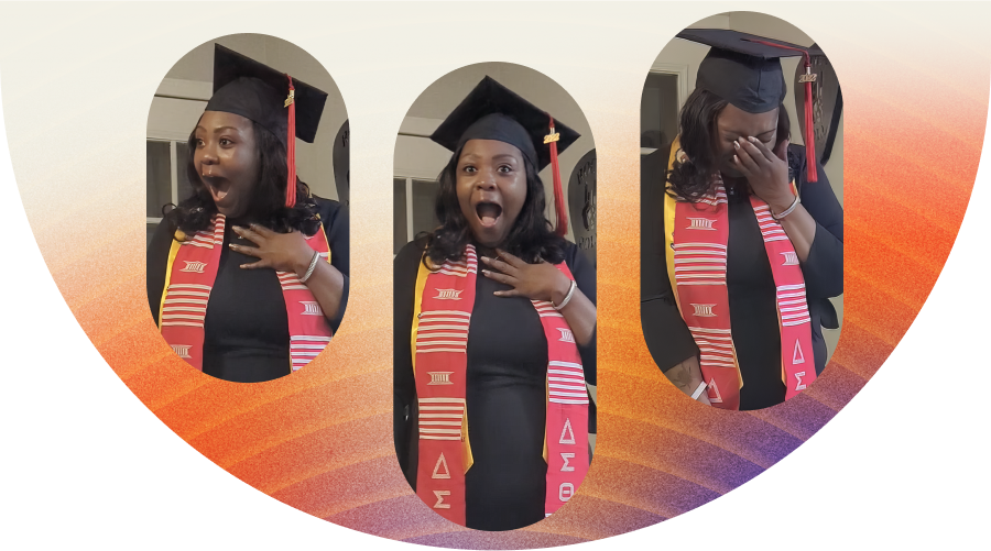 Woman in graduation cap and gown reacts to her original song.