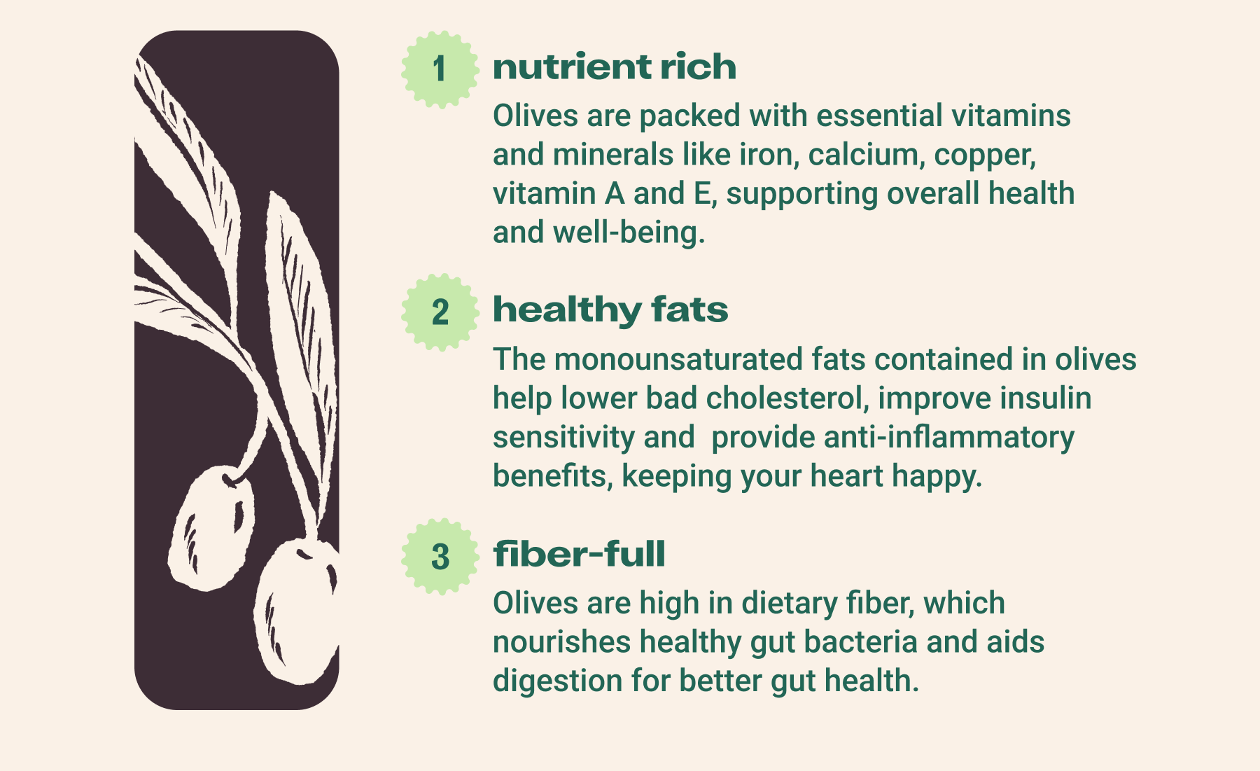  1. Nutrient Rich. Packed with essential vitamins and minerals like iron, calcium, copper, vitamin A and E, supporting overall health and well-being. 2. Healthy fats. The monounsaturated fats contained in olives help lower bad cholesterol, improve insulin sensitivity and provide anti-inflammatory benefits, keeping your heart happy. 3. Fiber-full. Olives are high in dietary fiber, which nourishes healthy gut bacteria and aids digestion for better gut health.