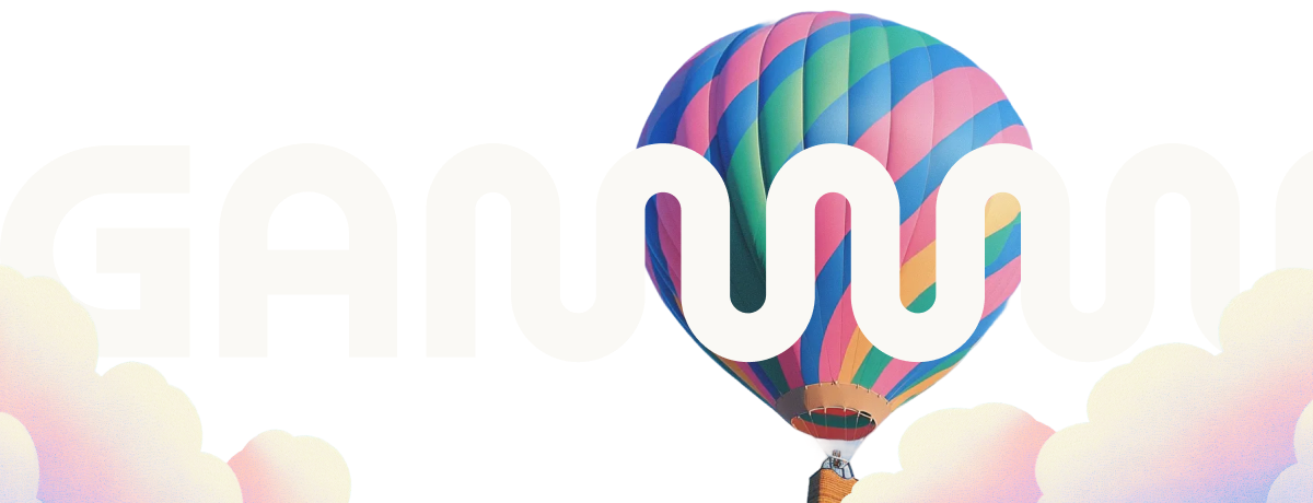 Colorful hot air balloons rising into a blue sky behind large white 'GAMMA' letters.