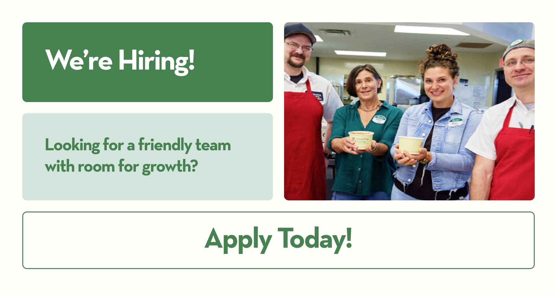 Katy, Nina, and two Healthy Living team members smiling and holding soup.