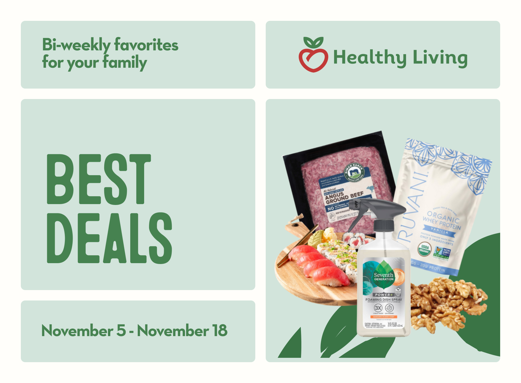 A package of Niman Ranch Ground Beef, Truvani Vanilla Whey Protein, Walnuts, a bottle of Seventh Generation Foaming Dish Spray, and a platter of Shizen Sushi arranged together.