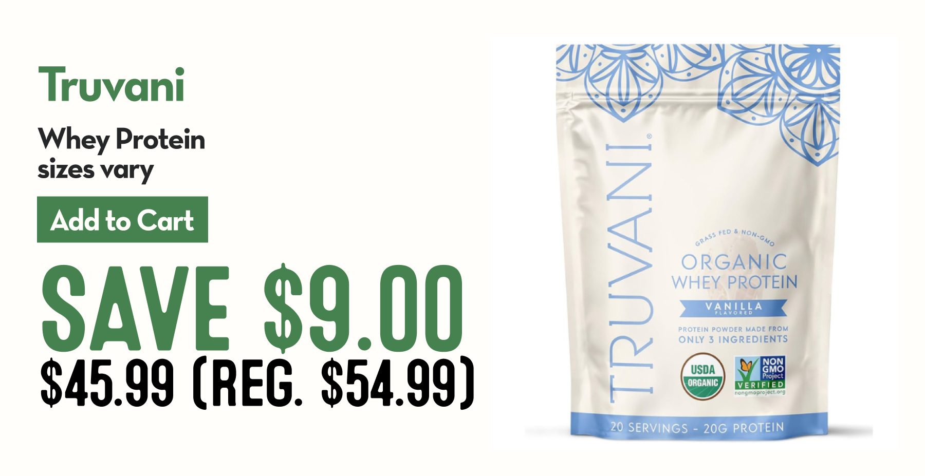 Package of Truvani Vanilla Organic Whey Protein with white and blue labeling.