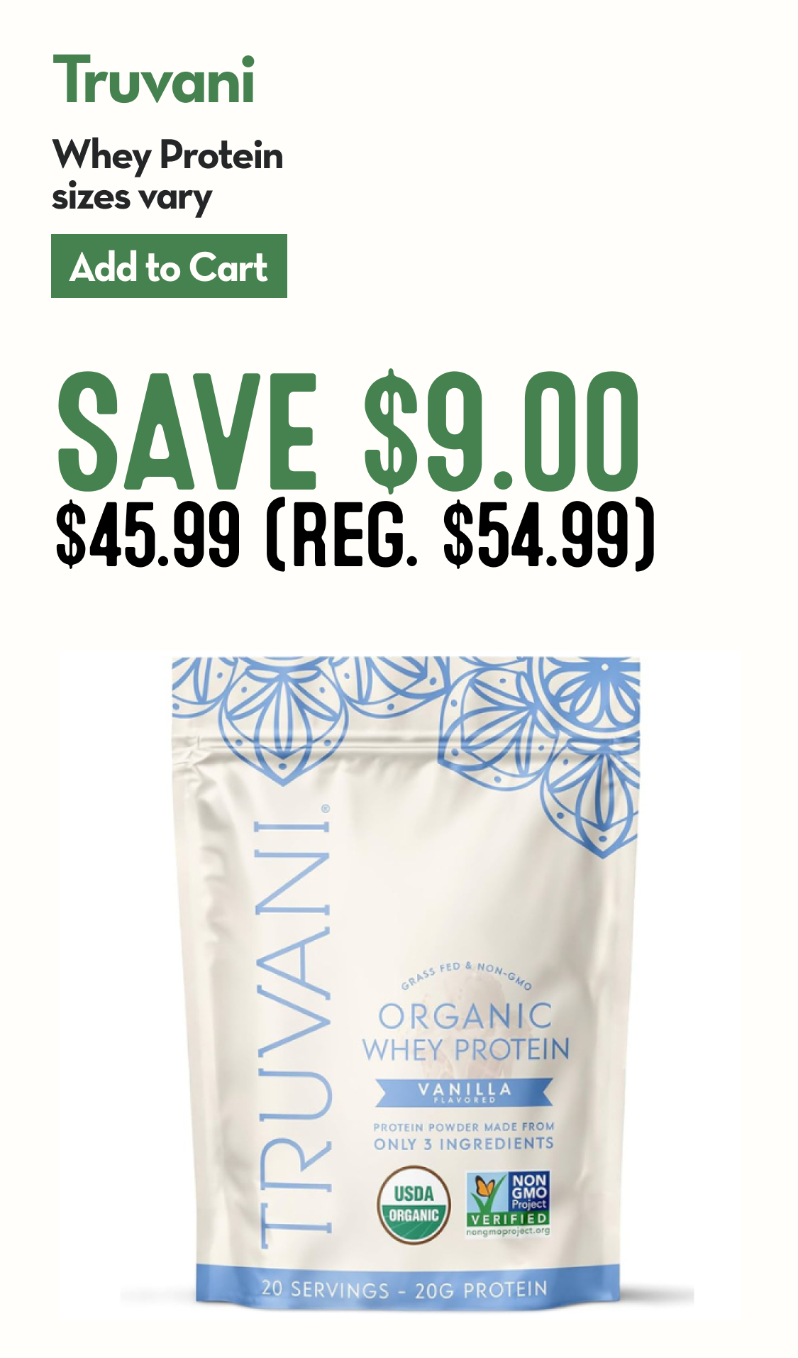 Package of Truvani Vanilla Organic Whey Protein with white and blue labeling.