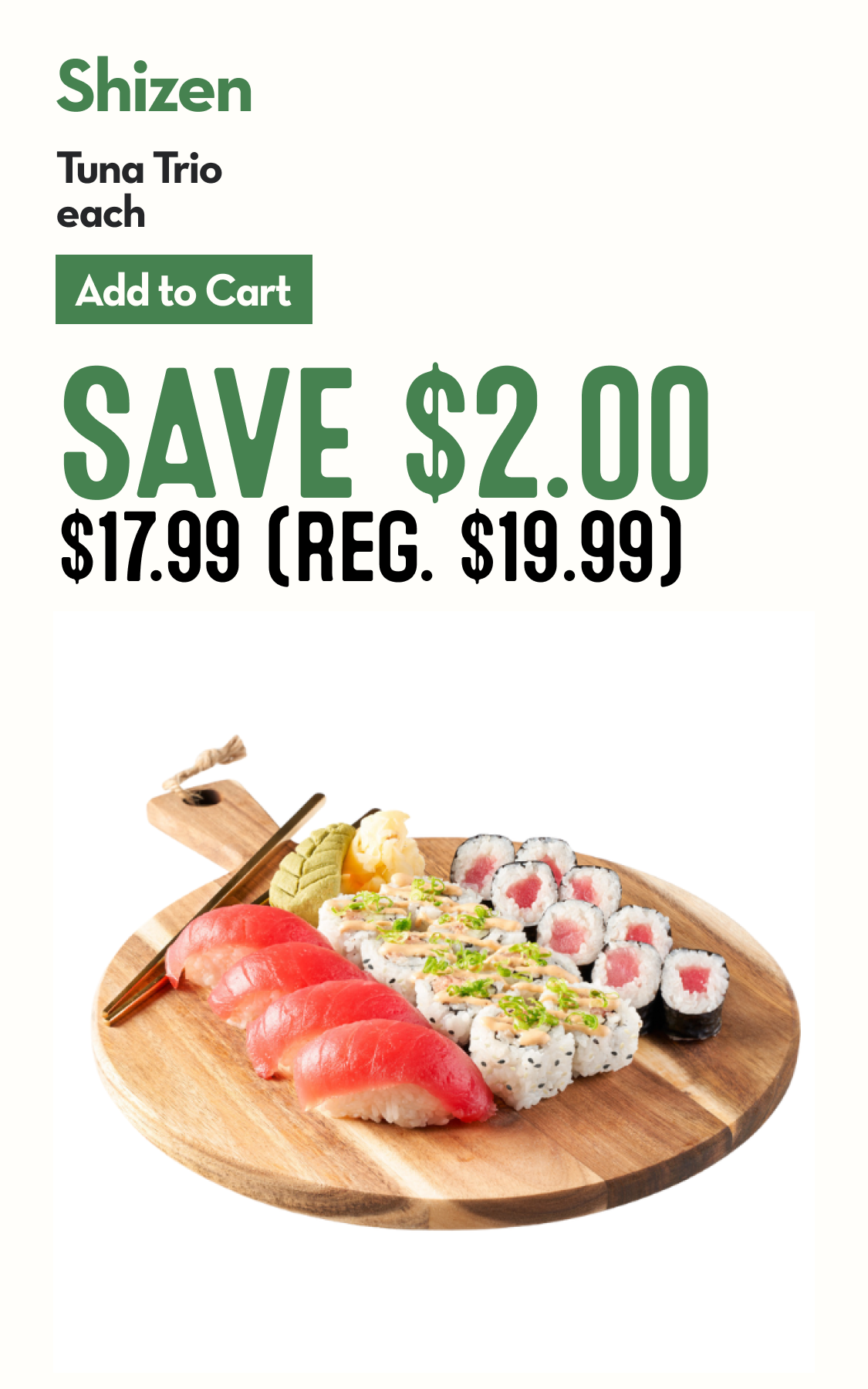 Platter of Shizen Tuna Sushi with chopsticks.