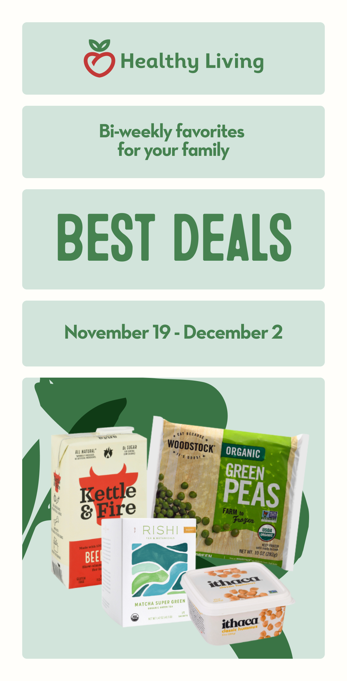 A bag of Woodstock frozen peas, container of Ithaca Hummus, carton of Kettle & Fire beef broth, and box of Rishi tea arranged together.