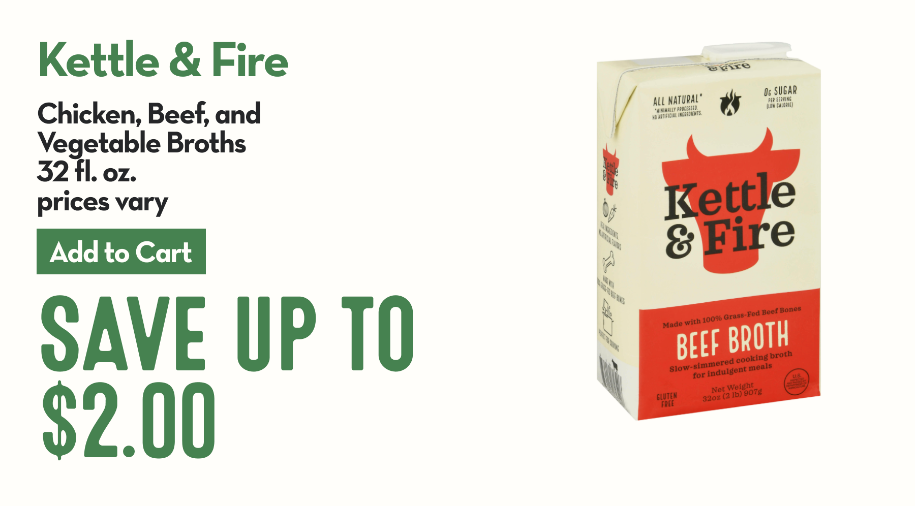 A carton of Kettle & Fire beef broth that's white and red with the shape of a cow on it and nutritional callouts.