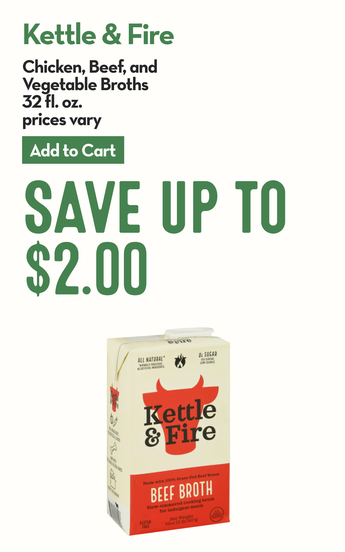 A carton of Kettle & Fire beef broth that's white and red with the shape of a cow on it and nutritional callouts.