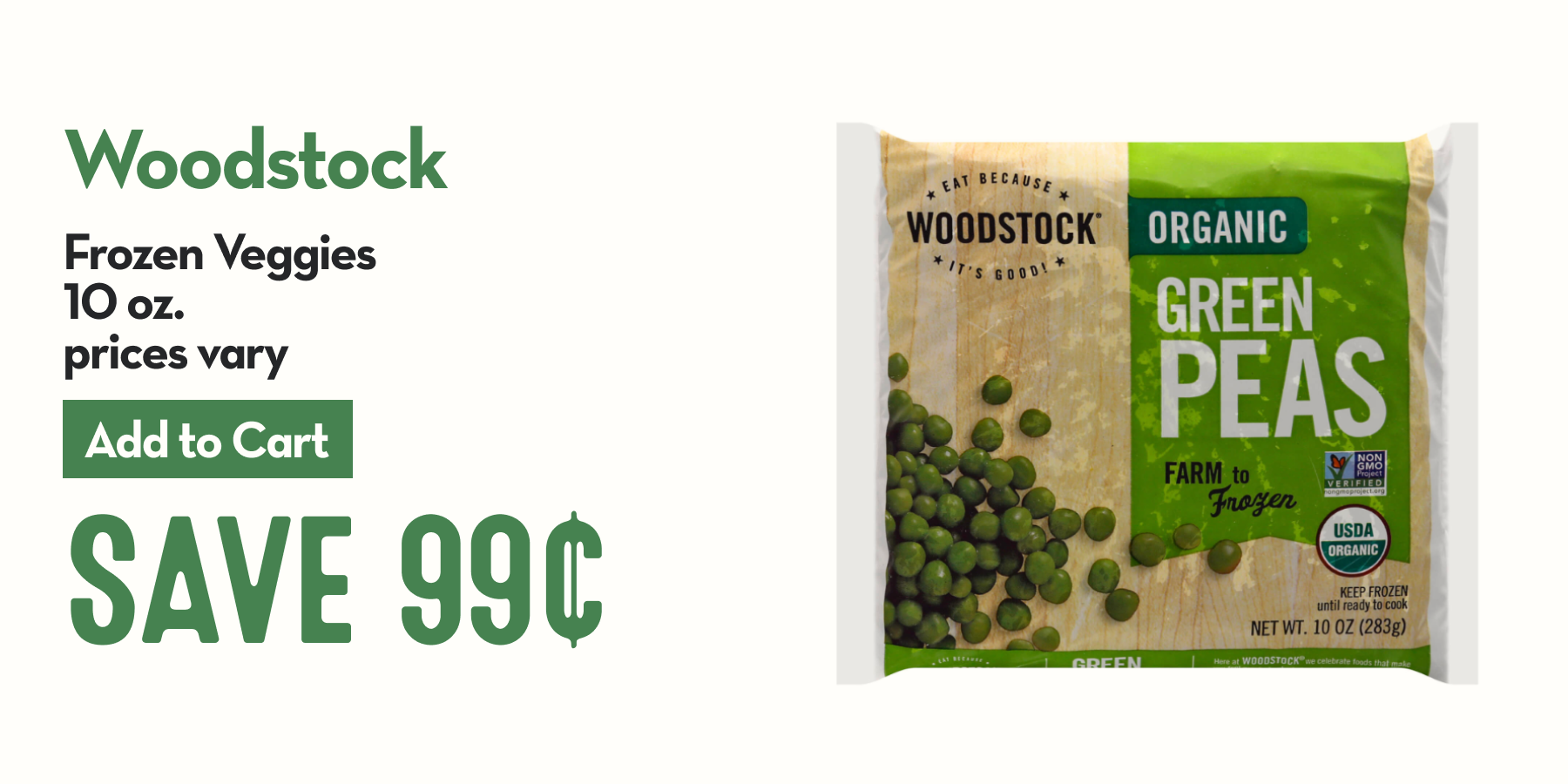 A package of Woodstock organic green peas that's tan and green win pea visuals and nutritional callouts.