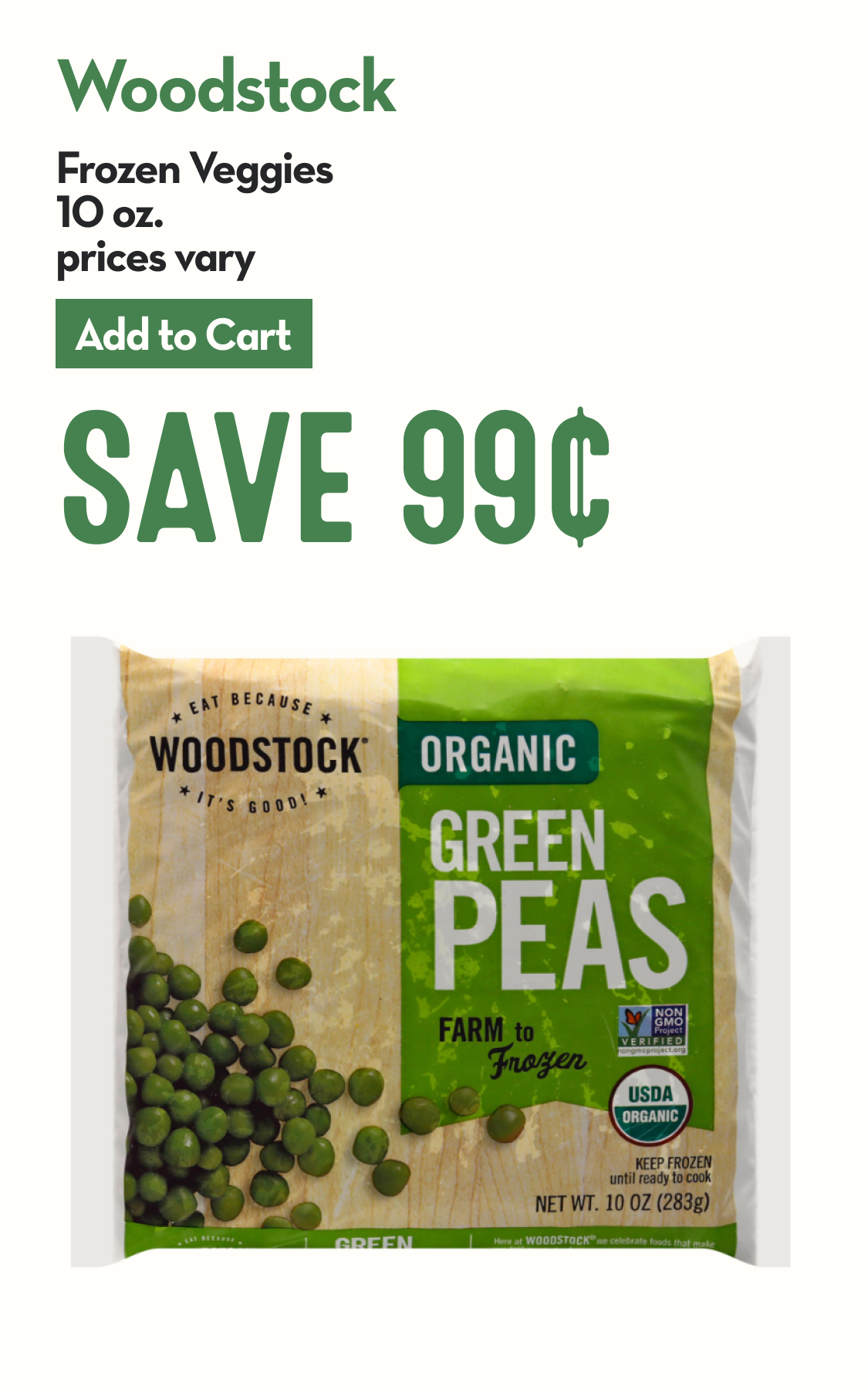 A package of Woodstock organic green peas that's tan and green win pea visuals and nutritional callouts.