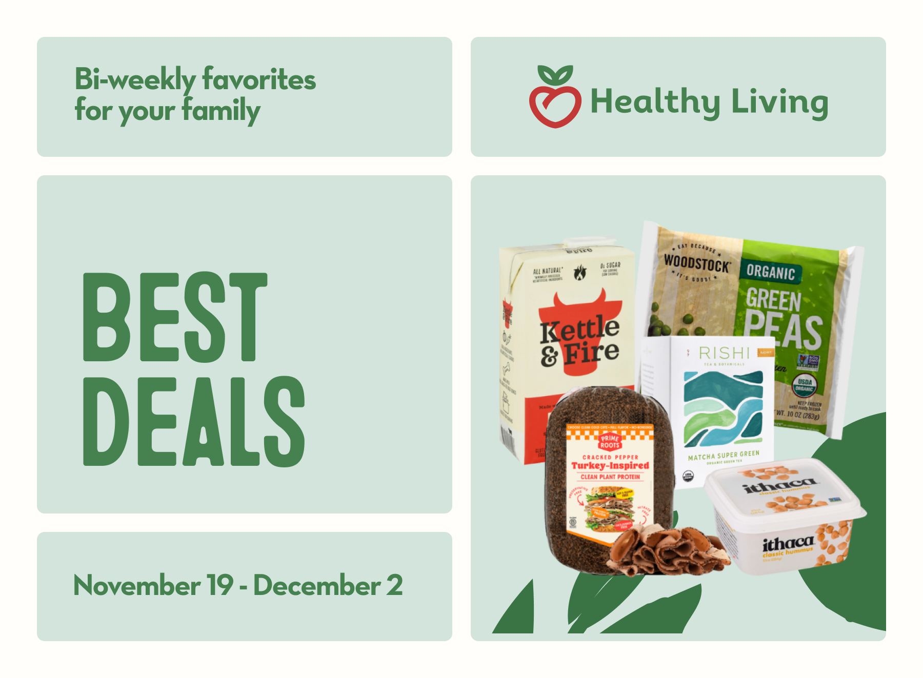 A bag of Woodstock frozen peas, container of Ithaca Hummus, carton of Kettle & Fire beef broth, and box of Rishi tea arranged together.