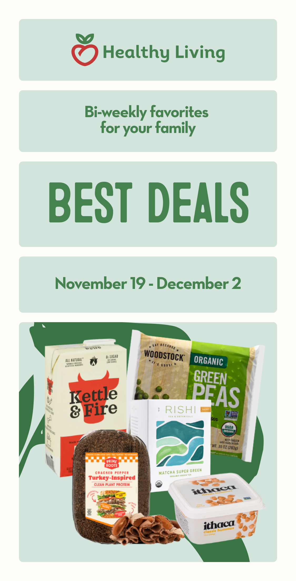 A bag of Woodstock frozen peas, container of Ithaca Hummus, carton of Kettle & Fire beef broth, and box of Rishi tea arranged together.