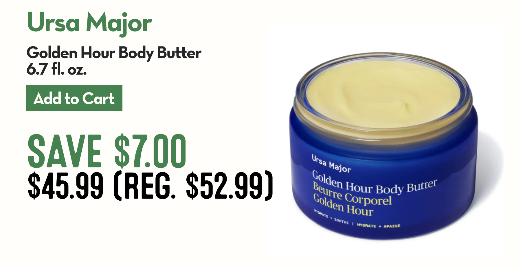  Container or Ursa Major Golden Hour Body Butter with an opened lid and blue packaging.