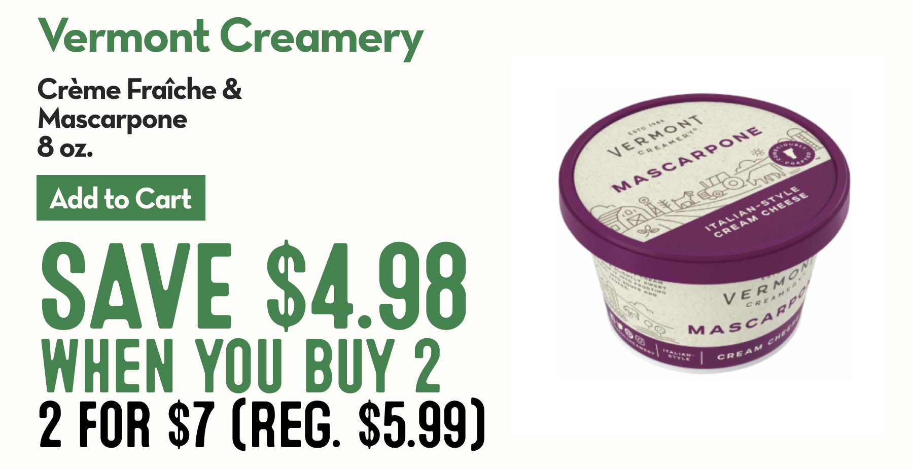 Package of Vermont Creamery Mascarpone Cheese with purple labeling.
