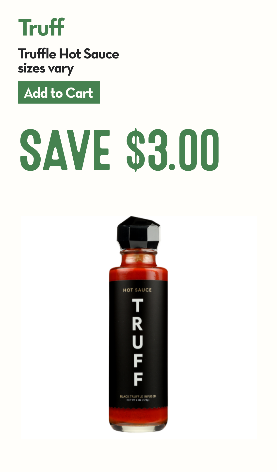 Bottle of Truff Black Truffle Infused Hot Sauce with black, white, and gold labeling.