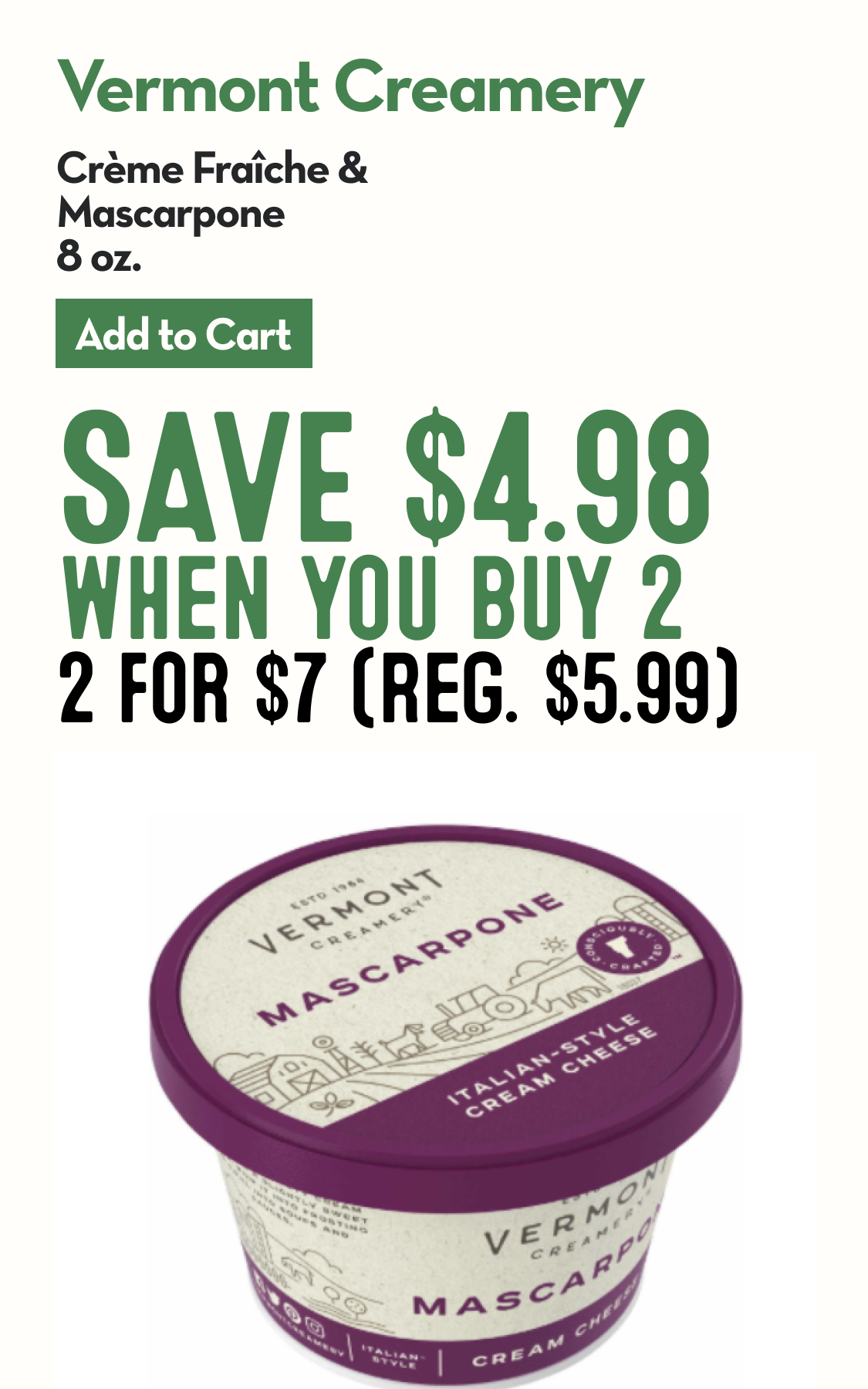 Package of Vermont Creamery Mascarpone Cheese with purple labeling.