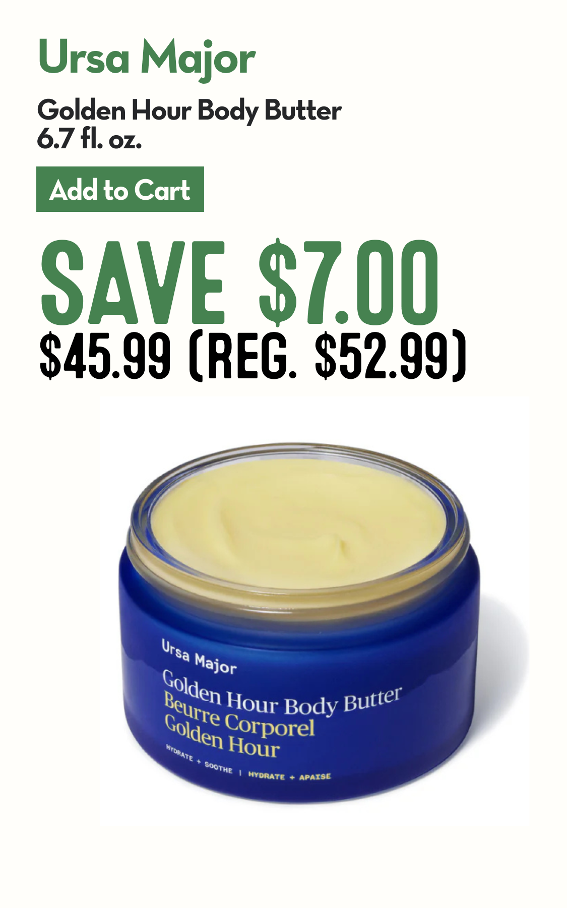  Container or Ursa Major Golden Hour Body Butter with an opened lid and blue packaging.
