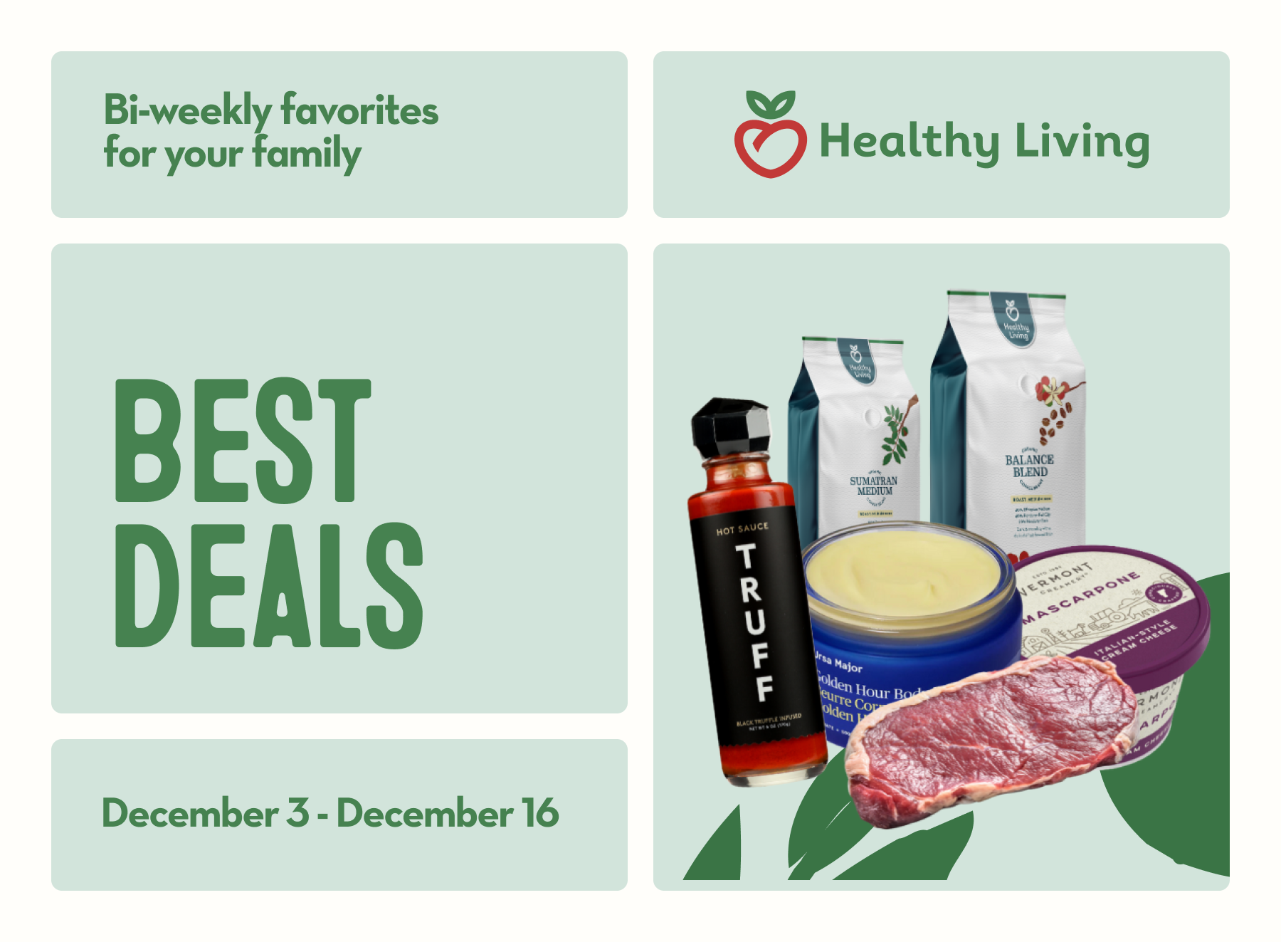 A bag of Woodstock frozen peas, container of Ithaca Hummus, carton of Kettle & Fire beef broth, and box of Rishi tea arranged together.