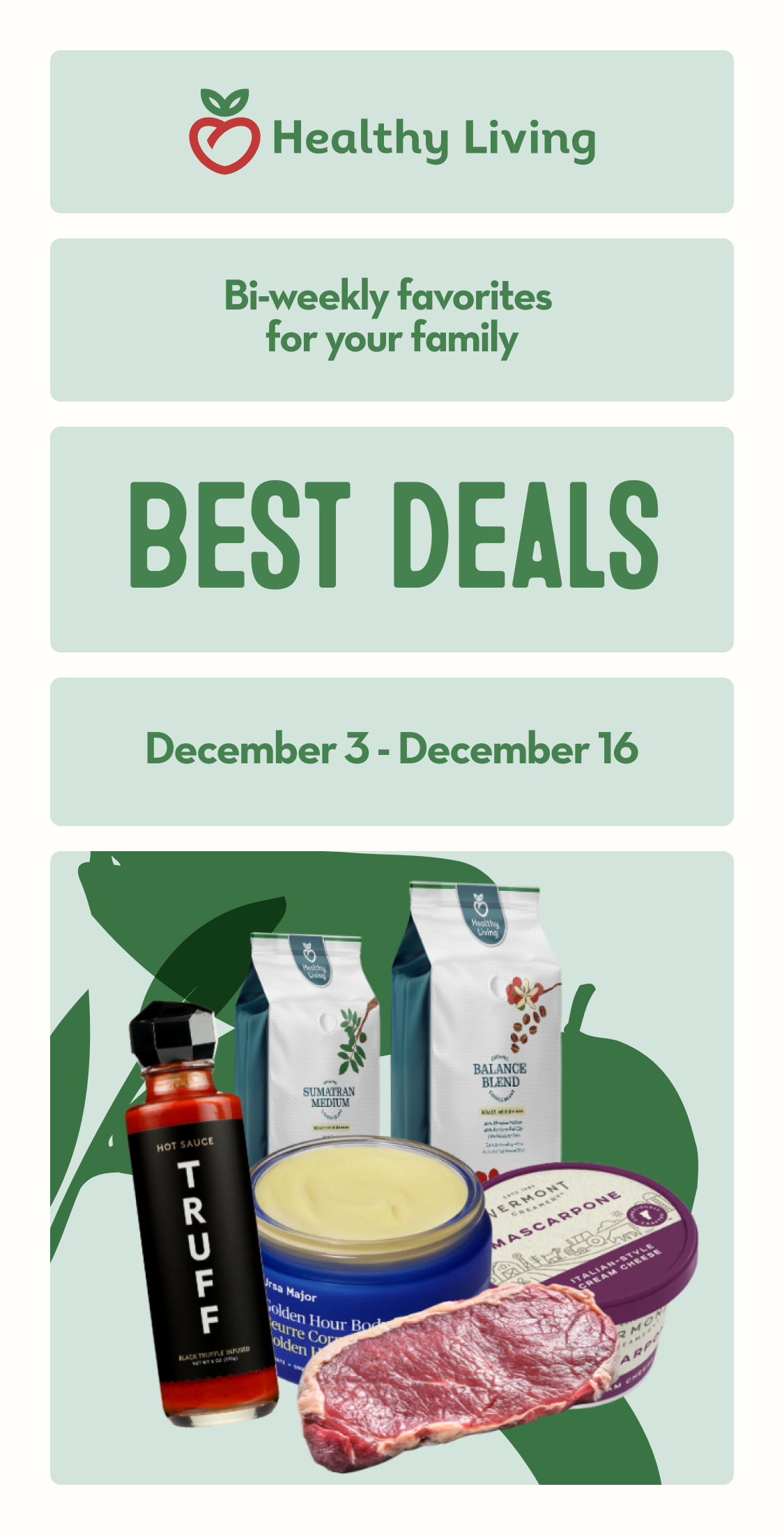 A bag of Woodstock frozen peas, container of Ithaca Hummus, carton of Kettle & Fire beef broth, and box of Rishi tea arranged together.