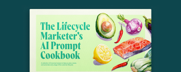 Watercolor illustration showing fresh ingredients including avocado, eggplant, chili peppers, salmon, lemon, and purple vegetables arranged on a light green background representing AI marketing automation ingredients