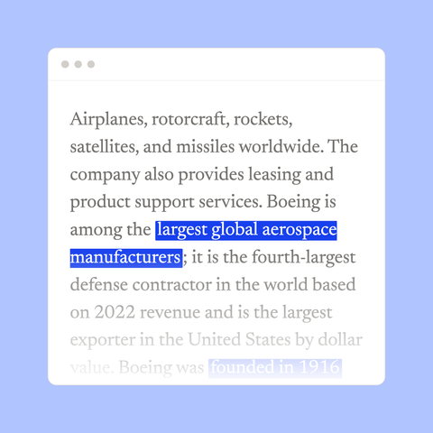 Highlights selects relevant text within a webpage.