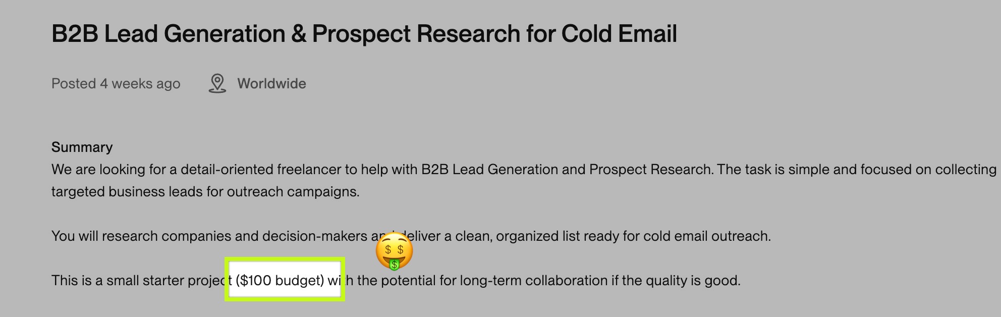 Upwork job posting - B2B Lead Generation Prospect Research - $100 Fixed Price