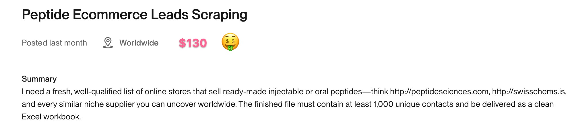 Upwork job posting - Peptide Ecommerce Leads Scraping - $130 Fixed Price