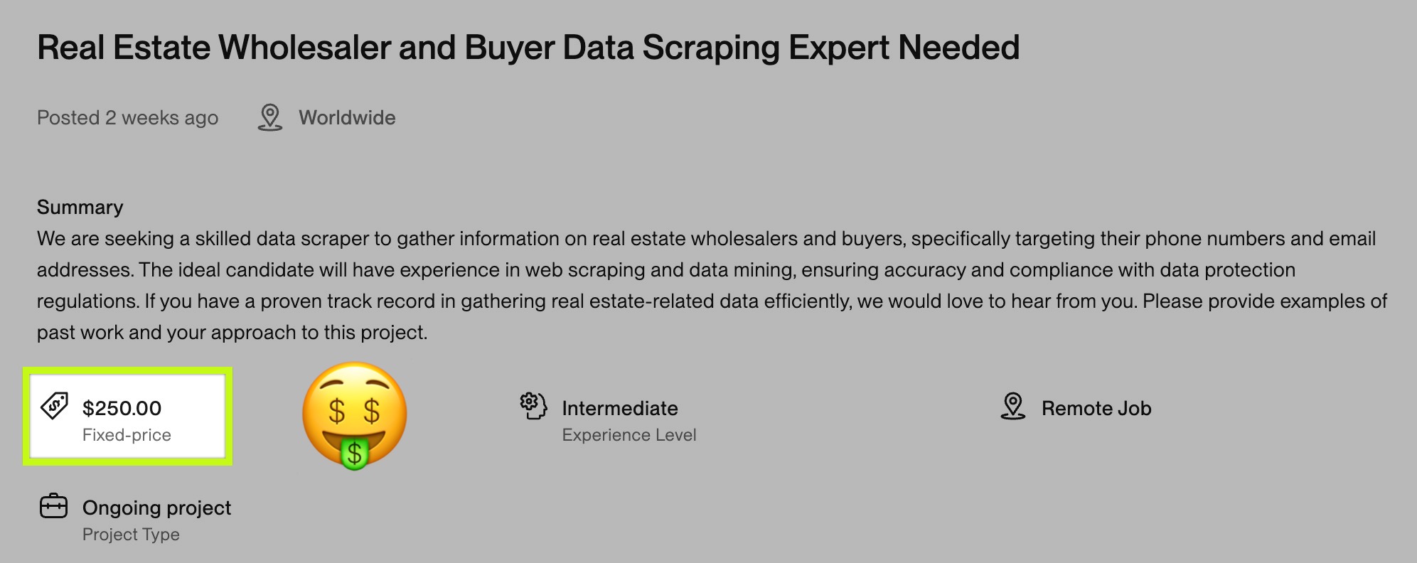 Upwork job posting - Real Estate Wholesaler Data Scraping - $250 Fixed Price