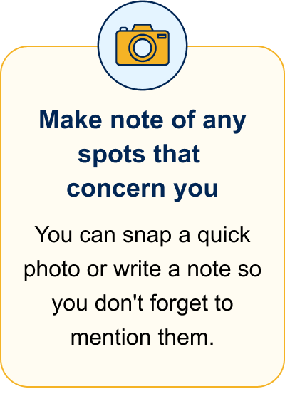 Make note of any spots that concern you. You can snap a quick photo or write a note so you don't forget to mention them.