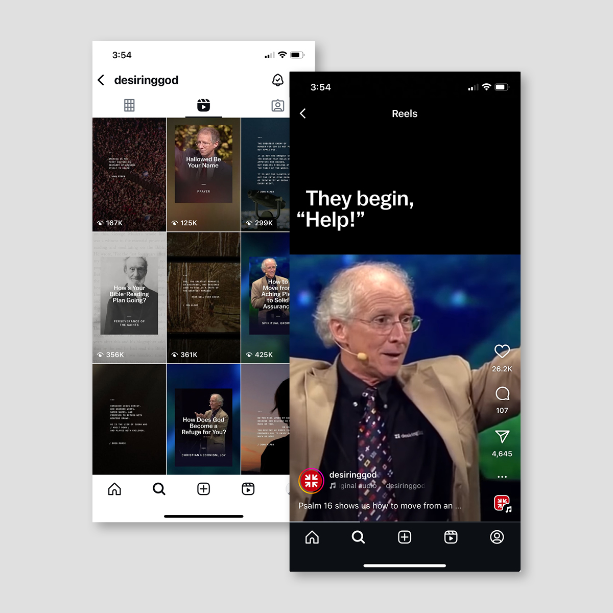Several screenshots of John Piper messages displayed in the Desiring God instagram account.
