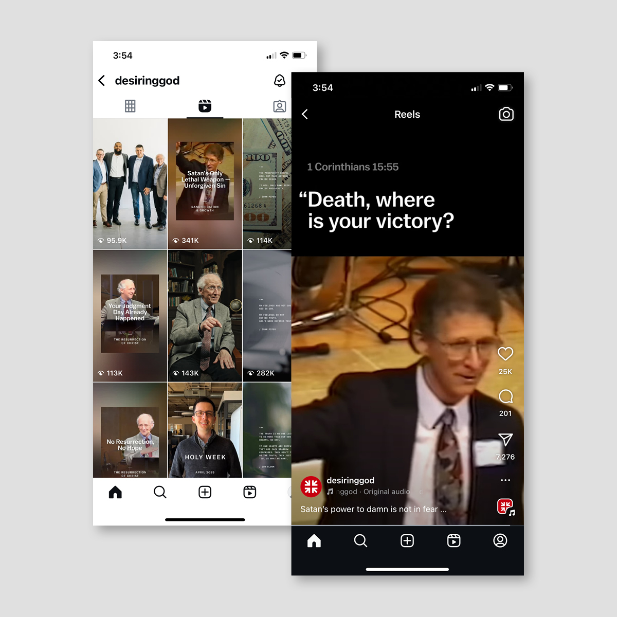 Several screenshots of John Piper messages displayed in the Desiring God Instagram account.
