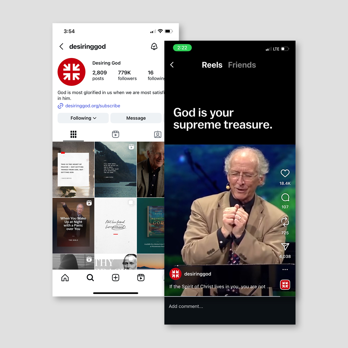 An image of several mobile screenshots showing various reels of Desiring God's content on Instagram.