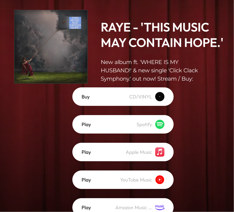 RAYE Feature.fm smart link on release day
