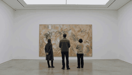 Visitors in front of a large canvas, generated by HeyGen Video