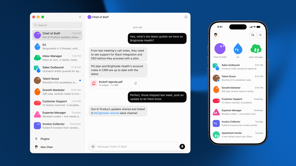 Grok Bot on desktop and iOS, with Chief of Staff and bots handling jobs