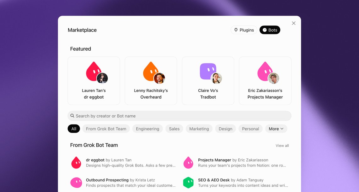 Grok Bot Marketplace showing featured bots and From Grok Bot Team templates