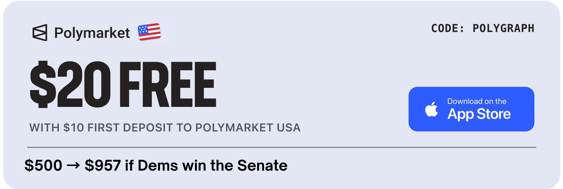 $20 FREE with $10 first deposit to Polymarket USA - Download on the App Store - code POLYGRAPH - $500 to $957 if Dems win the Senate