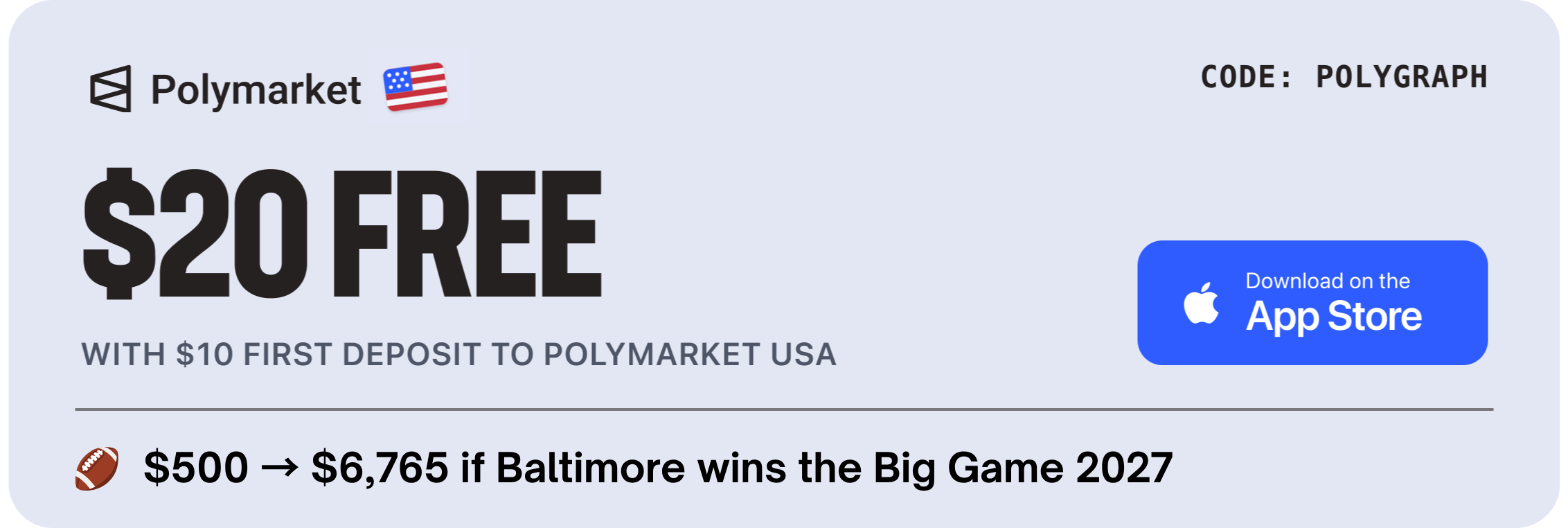 $20 FREE with $10 first deposit to Polymarket USA - Download on the App Store - code POLYGRAPH - $500 to $6,765 if Baltimore wins the Big Game 2027