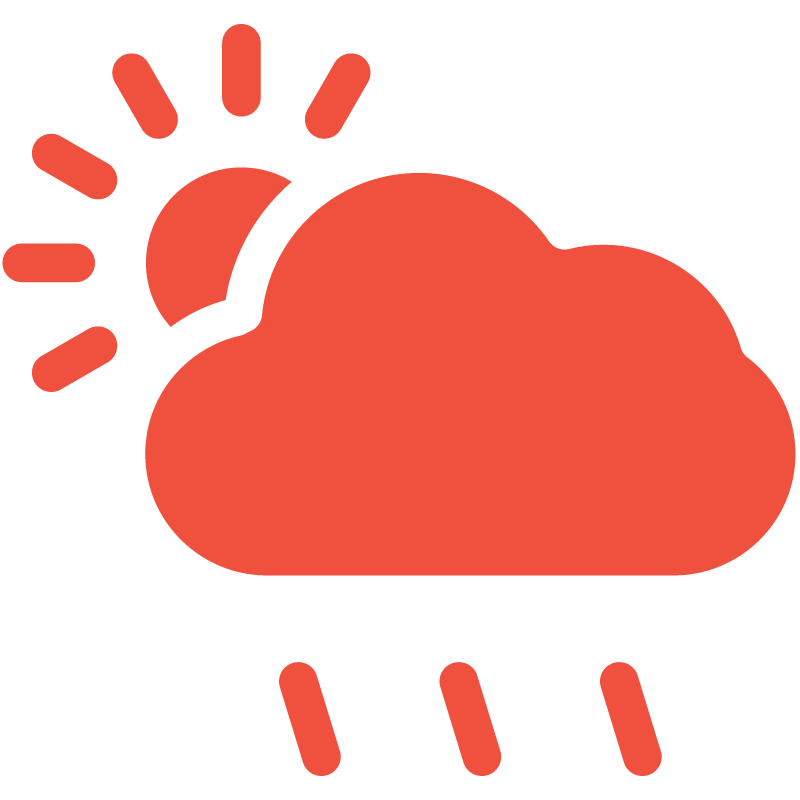 Sun and cloud with rain icon representing weather-resistant or outdoor durability.