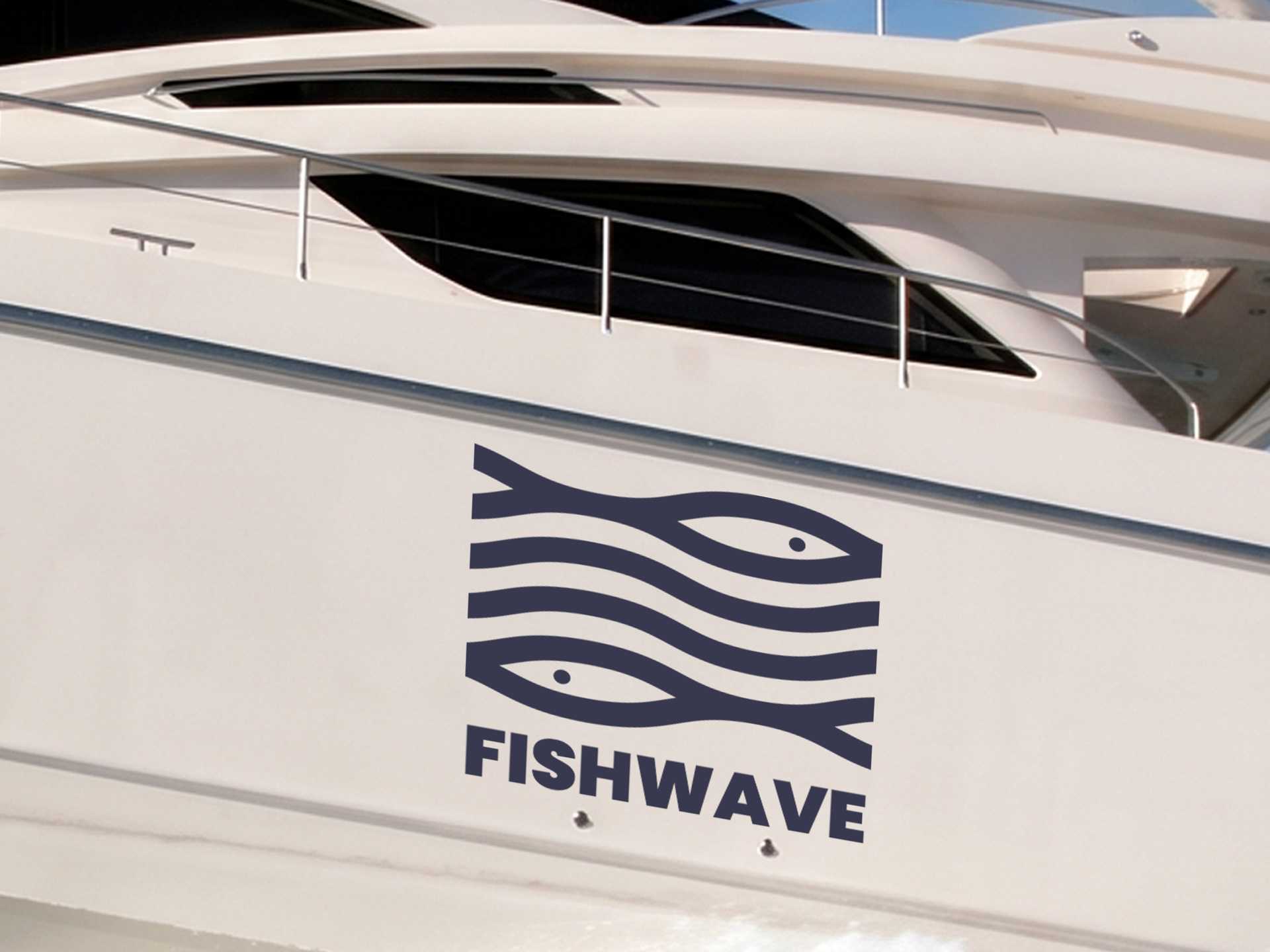 Dark blue “FISHWAVE” boat decal featuring two stylized fish and flowing wave lines applied to the white hull of a yacht.