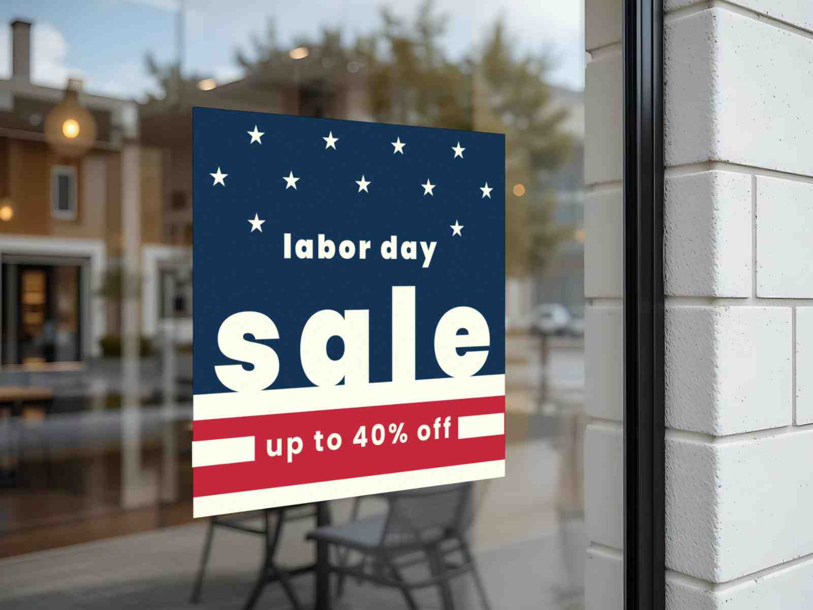 Labor Day sale window decal featuring patriotic colors and a bold “Up to 40% Off” promotion displayed on a storefront glass window to attract shoppers.