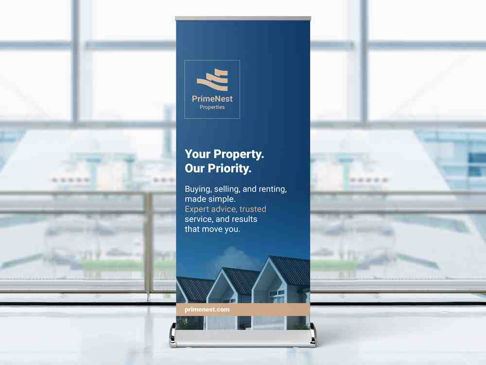 Custom retractable banner showcasing real estate branding, property services, and contact information, ideal for trade shows, open houses, conferences, and promotional events.
