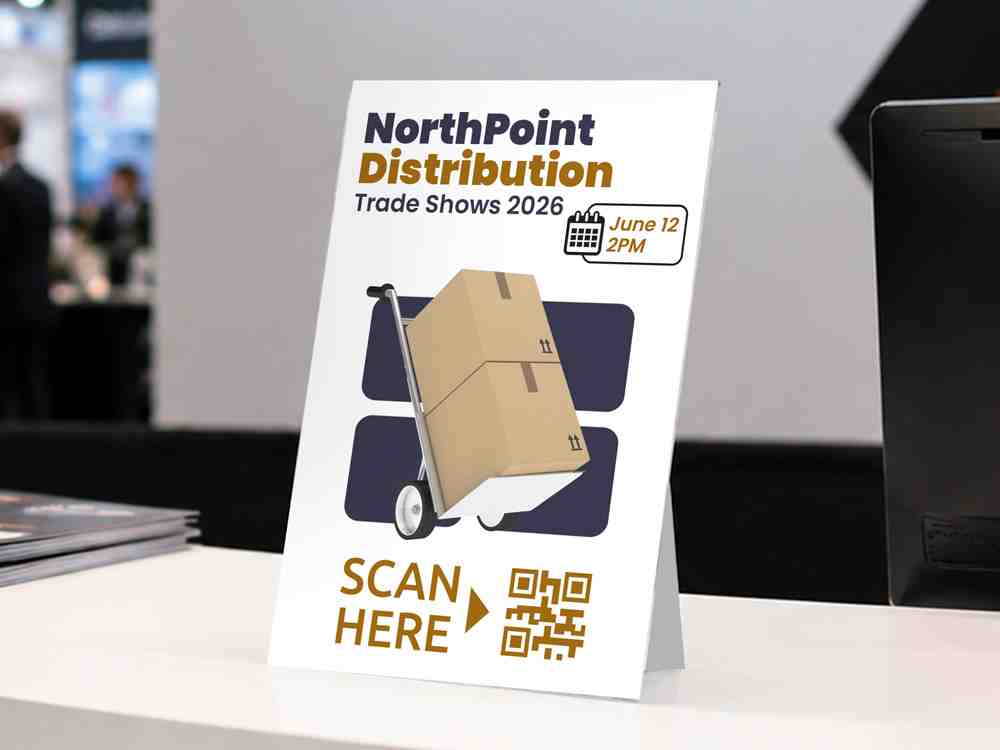 Custom counter card displaying trade show event details, QR code, and promotional graphics, designed for tabletops, reception areas, and exhibition booths.