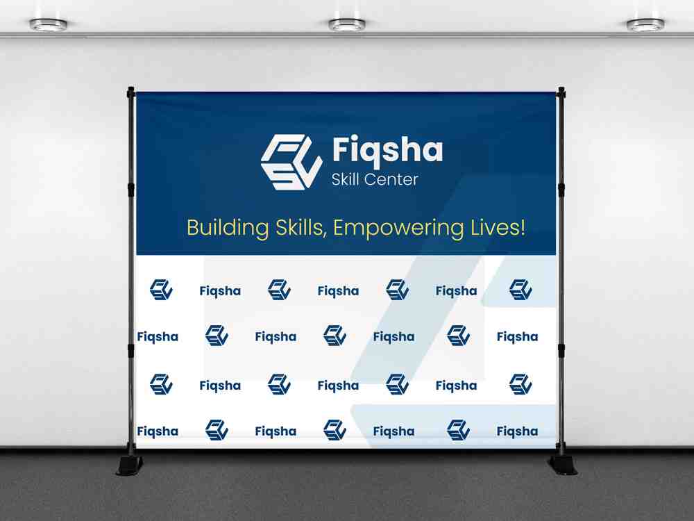 Custom step and repeat backdrop featuring repeated company logos and branding, creating a professional photo background for trade shows, media events, and conferences.