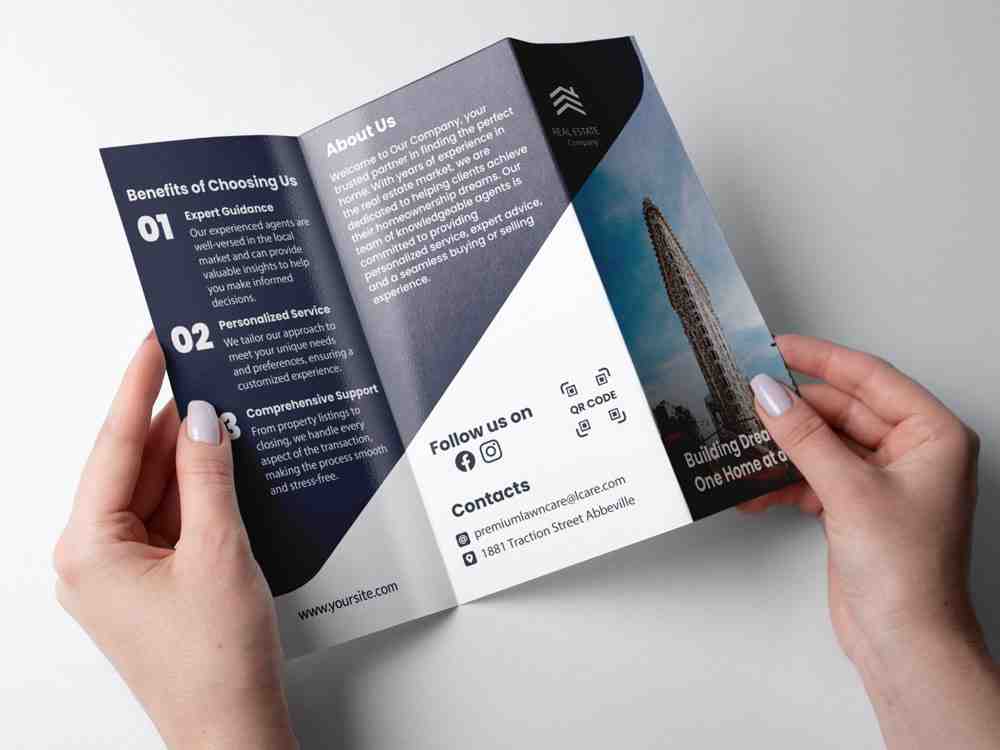 Tri-fold real estate brochure highlighting company services, benefits, contact details, QR code, and property imagery for marketing and client presentations.